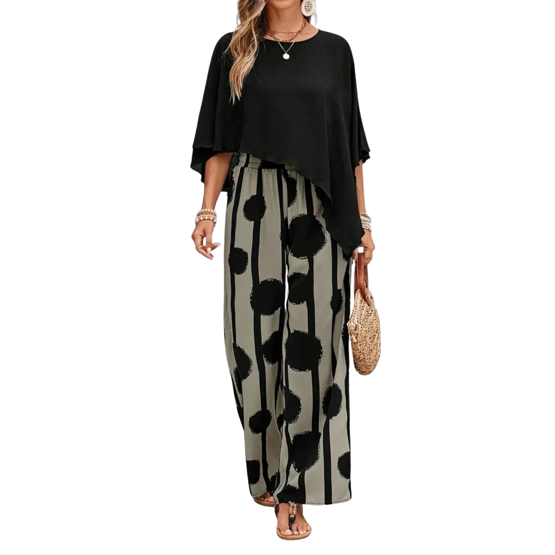 Milavie™ | Conjunto de mujer a la moda con top asimétrico y pantalón estampado